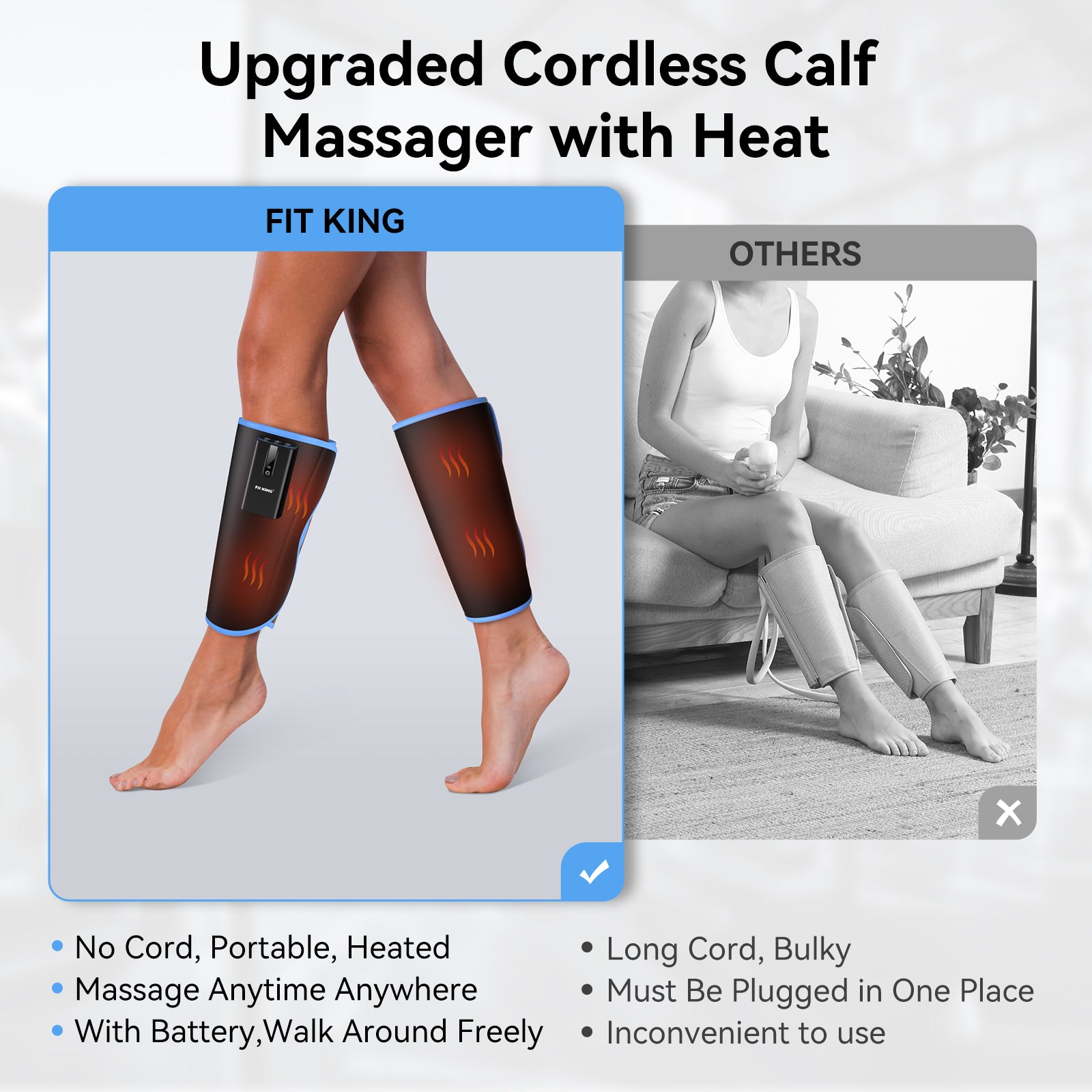 FIT KING Upgraded Cordless Calf Massager with Heat & Compression Leg Massager for Circulation | FT-125A / 126A