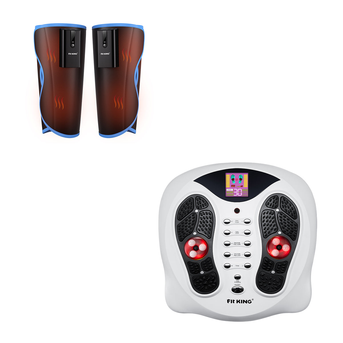 FIT KING Heated & EMS Foot Stimulator FT-036F & Cordless Calf Massager with Heat FT-125A / 126A